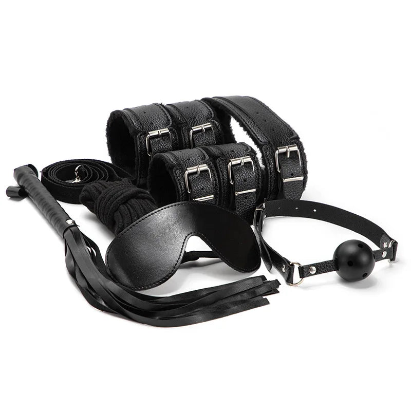 Bdsm Bondage Kit erótico de cuero Arnés, esposas, Antifás, collar, látigo