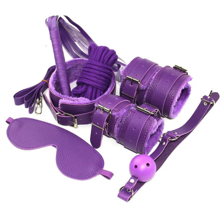 Bdsm Bondage Kit erótico de cuero Arnés, esposas, Antifás, collar, látigo