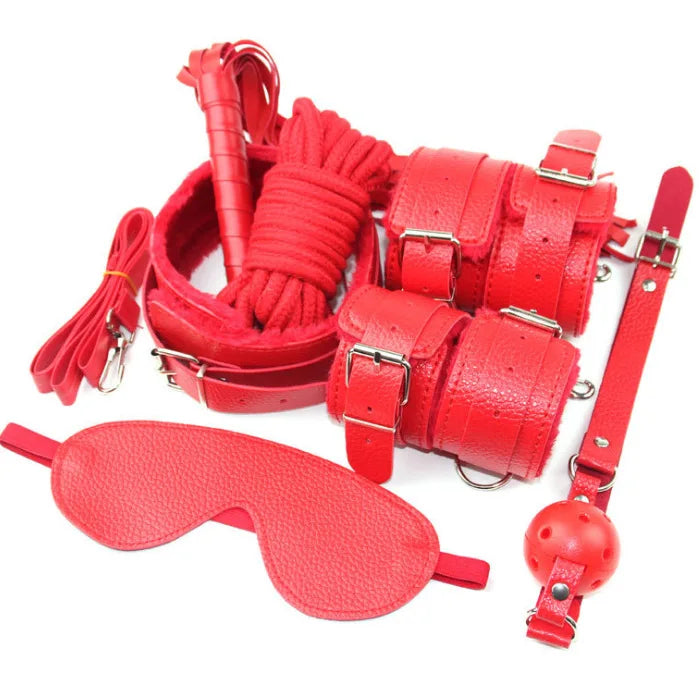 Bdsm Bondage Kit erótico de cuero Arnés, esposas, Antifás, collar, látigo